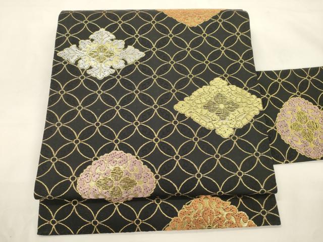 平和屋着物●九寸名古屋帯 七宝菱文 黒地 金糸 正絹 逸品 CABK8648dy