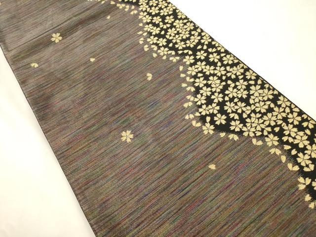 平和屋着物●染色作家 斉藤三才 六通柄袋帯 舞桜文 金糸 正絹 逸品 CABK8679dy