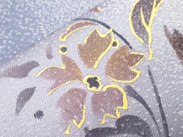 平和屋着物●京都印象派 友禅作家 橋本恵 太鼓柄袋帯 草花文 銀通し地 正絹 逸品 CABK8682dy