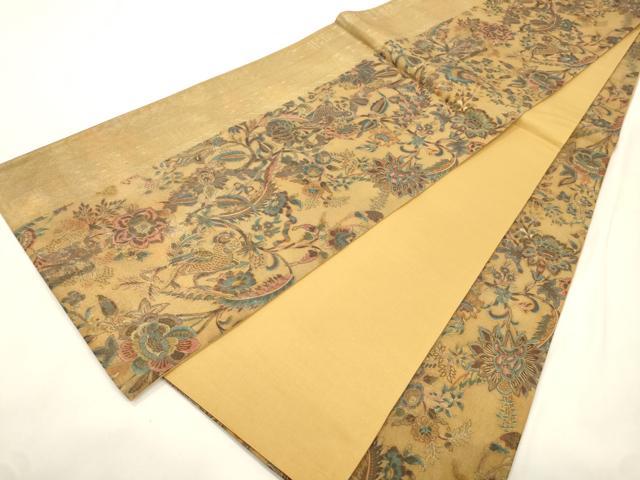 平和屋着物●都喜ヱ門 本場大島紬 全通柄袋帯 羽風 更紗花鳥文 金彩 証紙付き 藤絹織物謹製 正絹 逸品 CABK8687dy