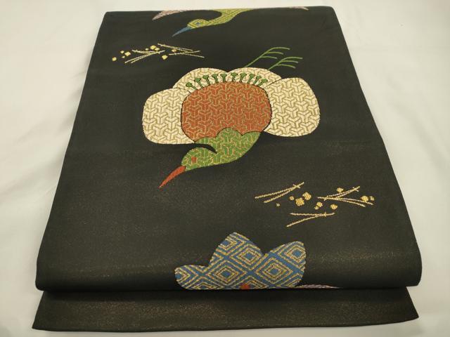 平和屋着物●六通柄袋帯 飛鶴文 黒地 金糸 正絹 逸品 CABK8692dy