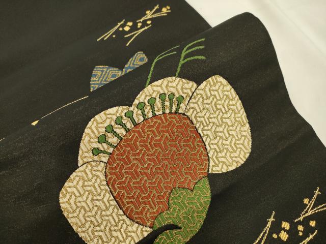 平和屋着物●六通柄袋帯 飛鶴文 黒地 金糸 正絹 逸品 CABK8692dy