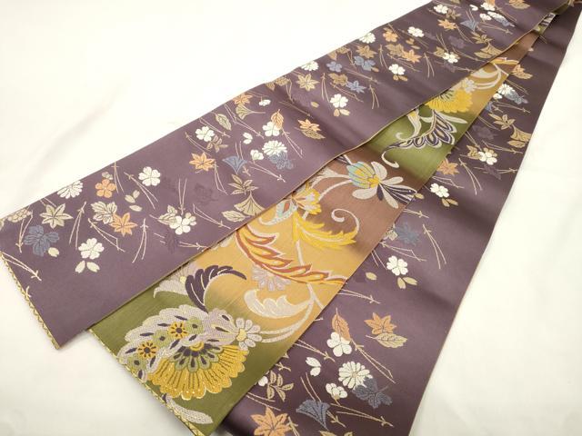 平和屋着物●両面 半幅帯 唐織 草花文 金糸 正絹 逸品 CABK8722dy