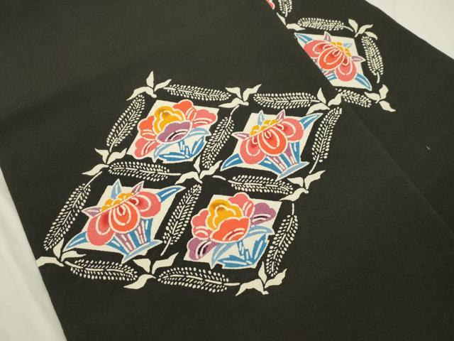平和屋着物▼九寸名古屋帯 型染め 菱花文 黒地 正絹 逸品 CABK8783dy
