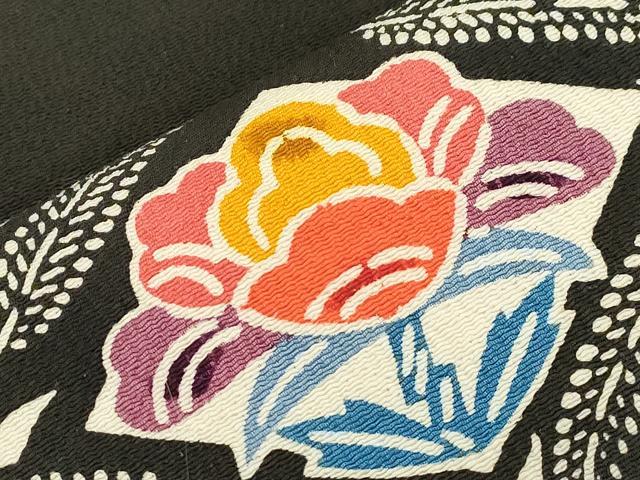 平和屋着物▼九寸名古屋帯 型染め 菱花文 黒地 正絹 逸品 CABK8783dy