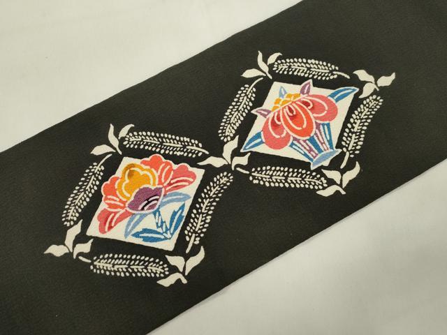 平和屋着物▼九寸名古屋帯 型染め 菱花文 黒地 正絹 逸品 CABK8783dy