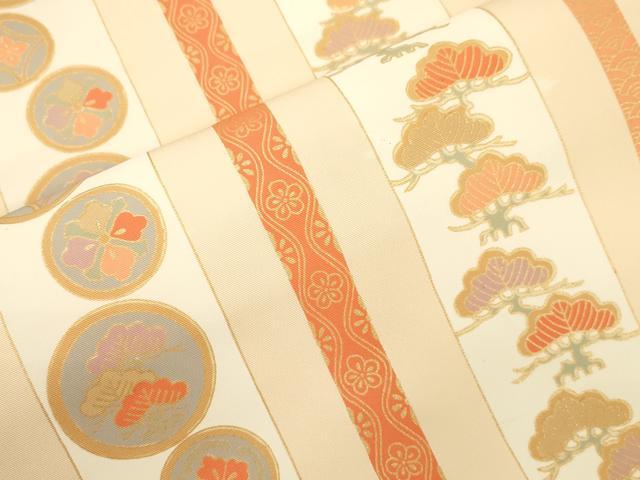 平和屋着物▼塩瀬 全通柄九寸名古屋帯 松 花蝶丸文 金彩 正絹 逸品 CABK8785dy