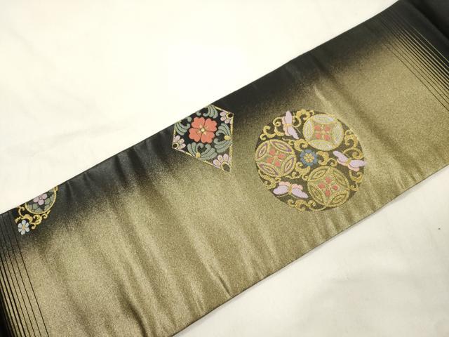 平和屋着物●九寸名古屋帯 花蝶丸文 黒地 金銀糸 正絹 逸品 CABK8796dy