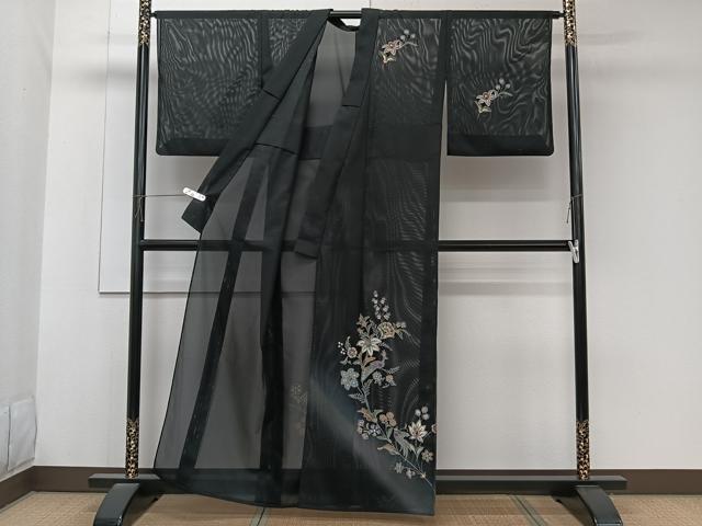 平和屋着物*夏物 訪問着 絽 更紗花鳥文 黒地 金彩 洗える着物 CABK8816xi