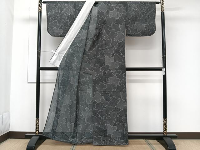 平和屋着物*夏物 小紋 絽 葉尽くし 黒地 洗える着物 CABK8829xi