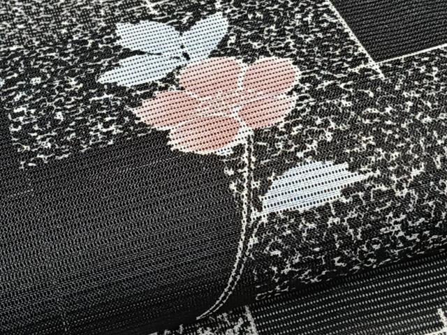 平和屋着物*夏物 小紋 絽 草花文 黒地 洗える着物 CABK8834xi
