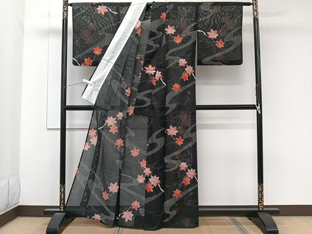 平和屋着物*夏物 小紋 絽 流水楓文 黒地 洗える着物 CABK8841xi