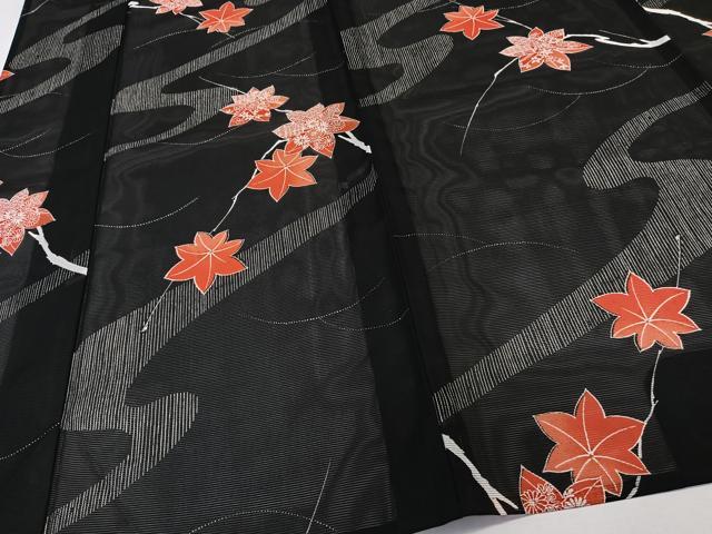 平和屋着物*夏物 小紋 絽 流水楓文 黒地 洗える着物 CABK8841xi