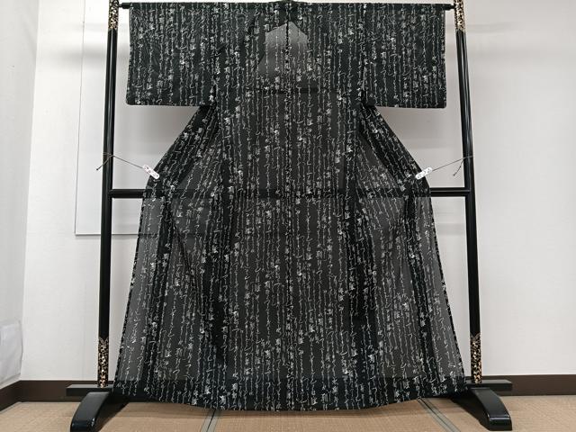 平和屋着物*夏物 小紋 絽 文字文 黒地 洗える着物 CABK8844xi
