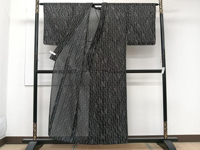 平和屋着物*夏物 小紋 絽 幾何学文 黒地 洗える着物 未使用 CABK8864xi