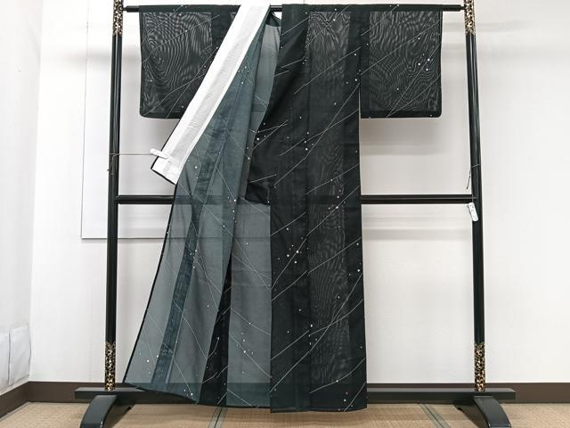 平和屋着物*夏物 小紋 絽 色紙斜線文 黒地 洗える着物 CABK8870xi