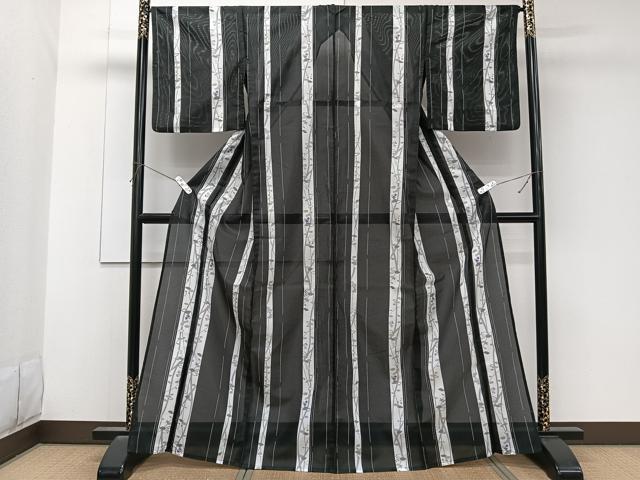 平和屋着物*ファッションブランド hiromichi nakano ヒロミチナカノ 夏物 小紋 絽 間道枝草花文 黒地 洗える着物 CABK8945xi