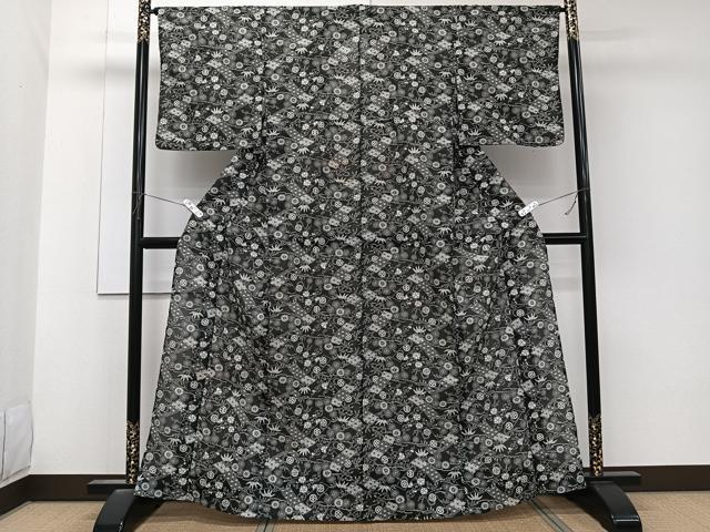 平和屋着物*夏物 小紋 絽 松竹梅花文 黒地 洗える着物 CABK9028xi