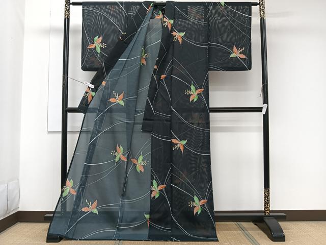 平和屋着物*夏物 小紋 絽 草花文 黒地 ロング丈 洗える着物 CABK9044xi