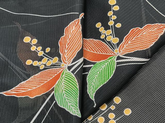 平和屋着物*夏物 小紋 絽 草花文 黒地 ロング丈 洗える着物 CABK9044xi