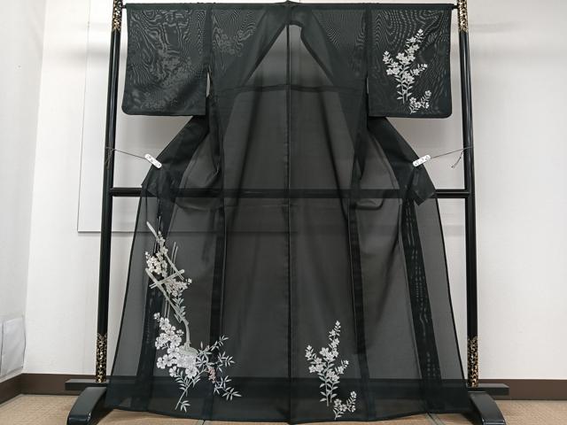 平和屋着物*夏物 訪問着 絽 流水草花文 黒地 洗える着物 CABK9053xi