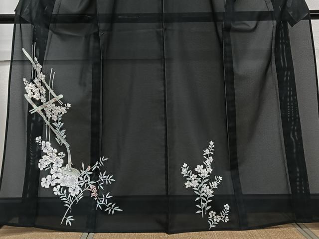 平和屋着物*夏物 訪問着 絽 流水草花文 黒地 洗える着物 CABK9053xi