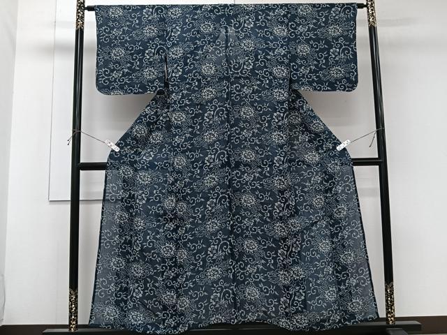 平和屋着物*夏物 本場小千谷縮 藍 型染め 花唐草文 麻 逸品 CABK9076xi