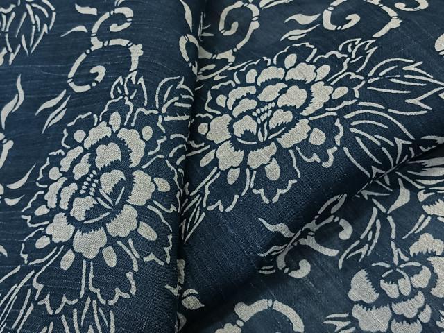 平和屋着物*夏物 本場小千谷縮 藍 型染め 花唐草文 麻 逸品 CABK9076xi
