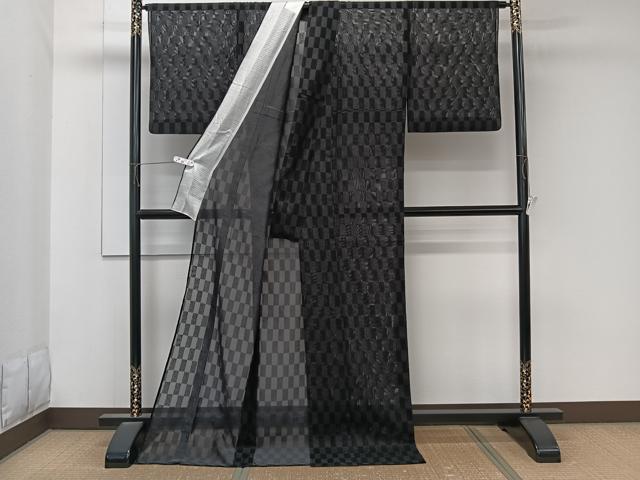 平和屋着物*夏物 お召 色紙文 黒地 ロング丈 正絹 逸品 CABK9125xi