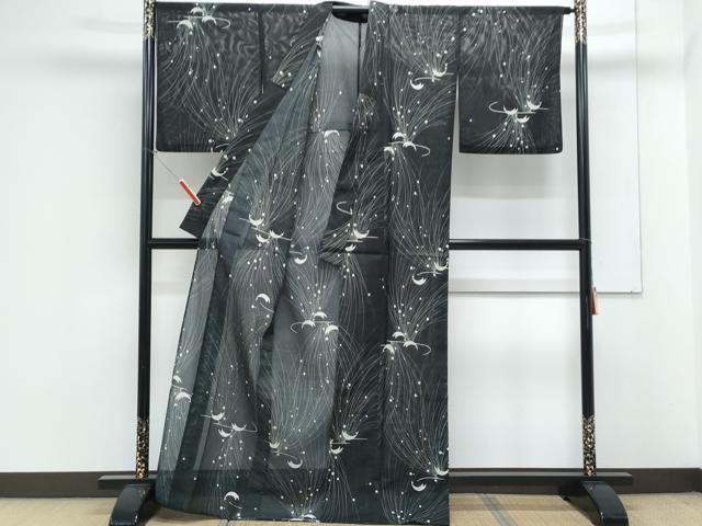 平和屋着物*夏物 小紋 絽 孔雀 黒地 洗える着物 CABK9245th