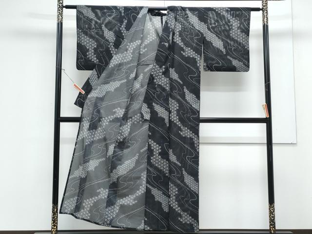 平和屋着物*夏物 小紋 絽 草花文 黒地 洗える着物 CABK9249th