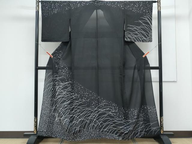平和屋着物*夏物 訪問着 絽 駒刺繍 草葉文 黒地 金彩 正絹 逸品 CABK9328th