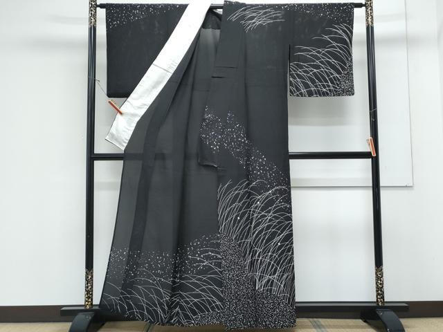 平和屋着物*夏物 訪問着 絽 駒刺繍 草葉文 黒地 金彩 正絹 逸品 CABK9328th