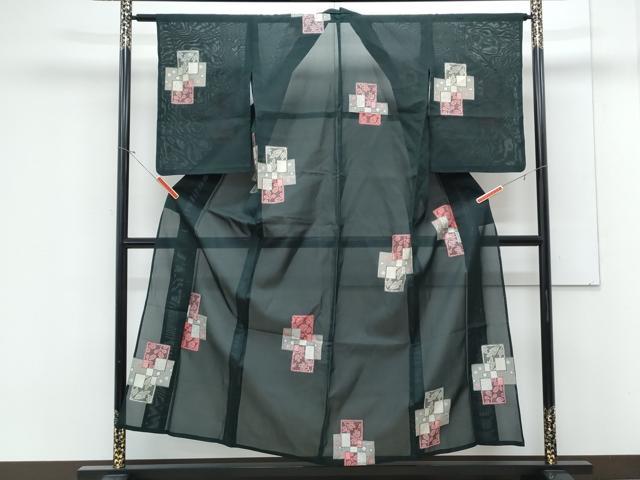 平和屋着物*夏物 小紋 紗 色紙重ね草葉文 銀糸 正絹 逸品 CABK9340th