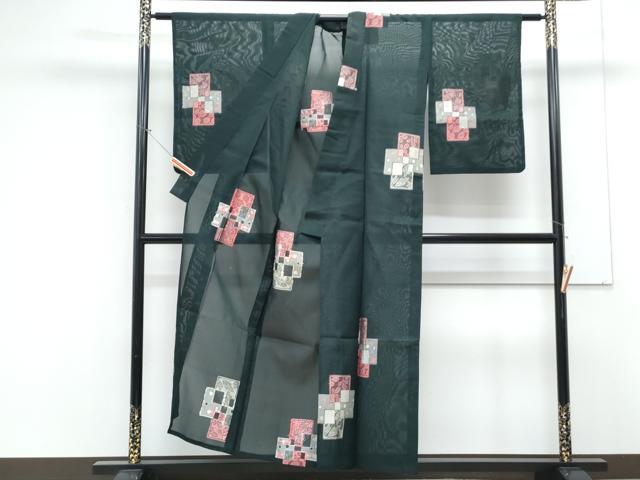 平和屋着物*夏物 小紋 紗 色紙重ね草葉文 銀糸 正絹 逸品 CABK9340th