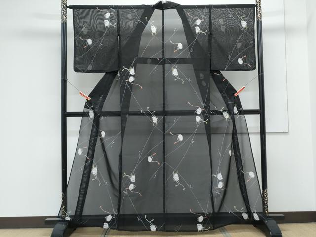 平和屋着物*夏物 小紋 絽 能面 黒地 洗える着物 CABK9349th