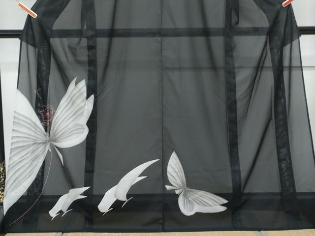平和屋着物*夏物 訪問着 絽 薔薇舞蝶文 黒地 洗える着物 CABK9351th