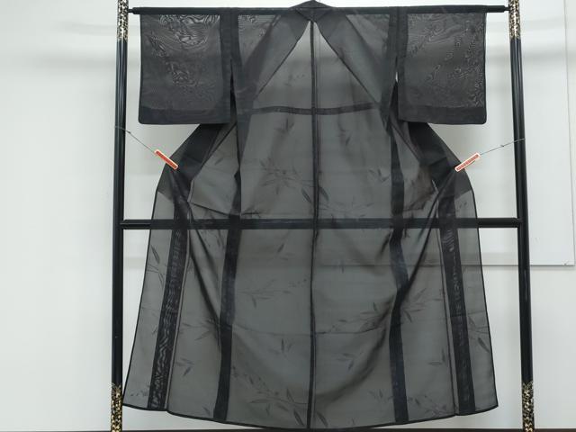平和屋着物*夏物 小紋 紗 枝葉文 黒地 正絹 逸品 CABK9452th