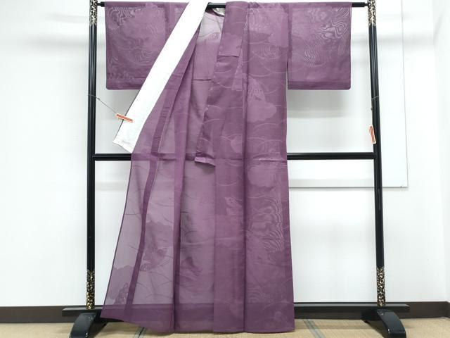平和屋着物*夏物 色無地 芝草舞蝶紋紗 蒲葡色 正絹 逸品 CABK9585th