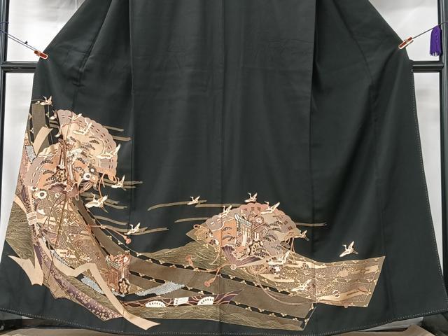 平和屋着物■豪華黒留袖 束ね熨斗飛鶴御所車花文 金彩 正絹 逸品 CABK9689xe