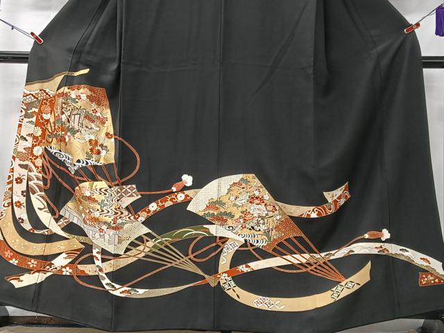 平和屋着物■豪華黒留袖 駒刺繍 扇面几帳花文 金彩 正絹 逸品 CABK9693xe