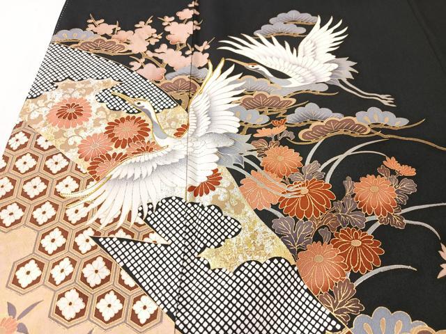 平和屋着物■豪華黒留袖 駒刺繍 飛鶴吉祥花文 金彩 正絹 逸品 CABK9718xe