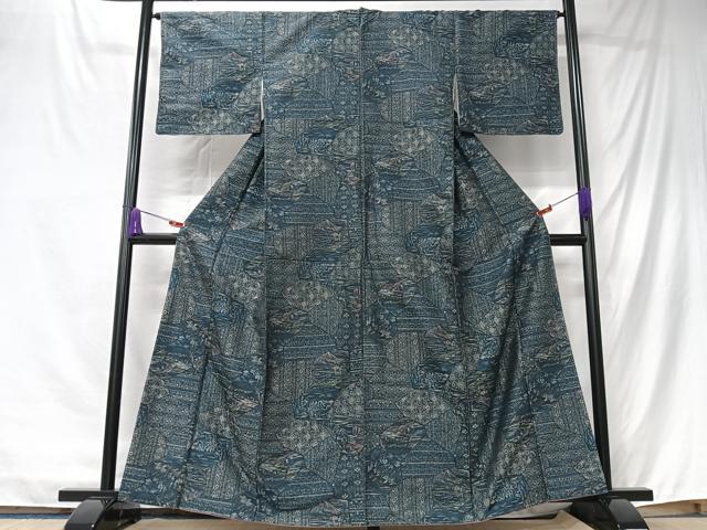 平和屋着物■上質なお召 切嵌更紗花文 正絹 逸品 CABK9763xe