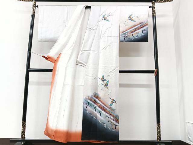 平和屋着物■上質な小紋 手描き 飛鶴文 暈し染め 正絹 逸品 CABK9895xe