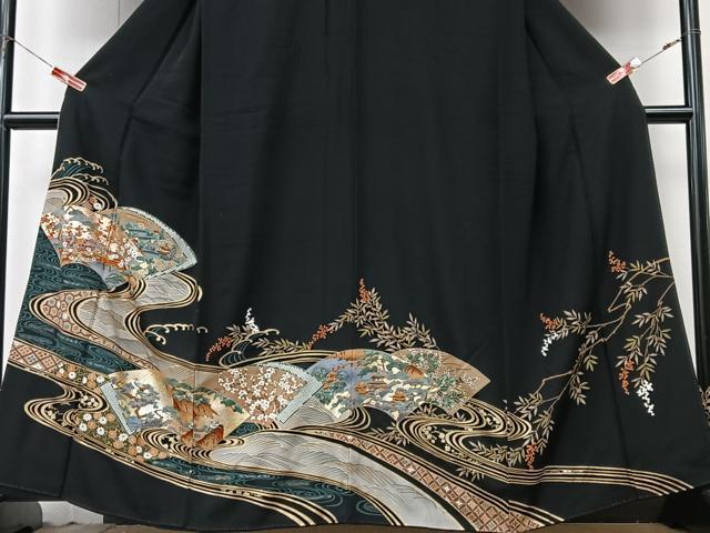 平和屋着物■豪華黒留袖 駒刺繍 手描き 流水地紙風景文 金彩 正絹 逸品 CABK9941xe