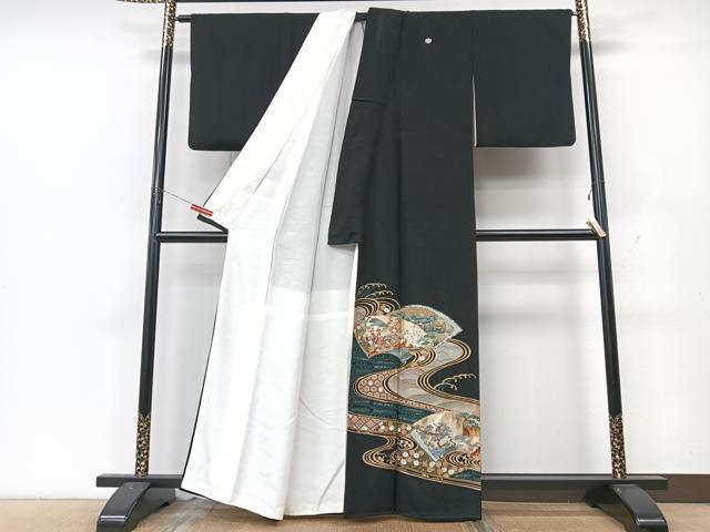 平和屋着物■豪華黒留袖 駒刺繍 手描き 流水地紙風景文 金彩 正絹 逸品 CABK9941xe