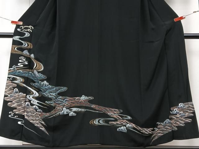 平和屋着物■豪華黒留袖 手描き 流水立波文 金彩 正絹 逸品 CABK9944xe