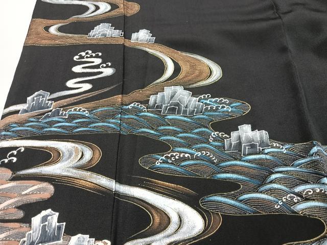 平和屋着物■豪華黒留袖 手描き 流水立波文 金彩 正絹 逸品 CABK9944xe