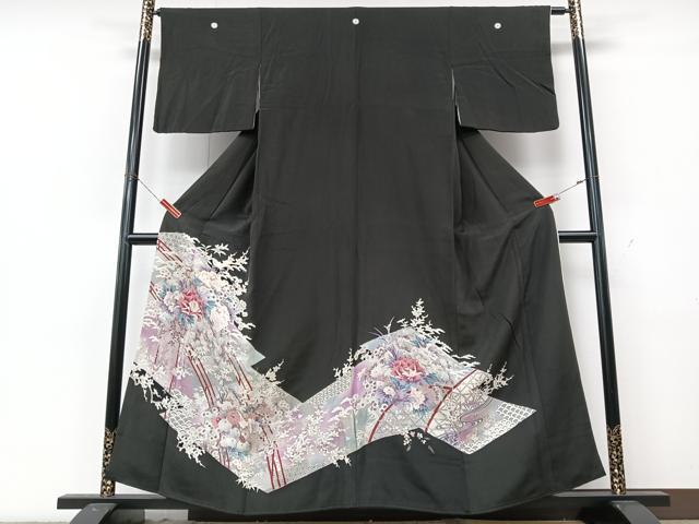 平和屋着物■豪華黒留袖 刺繍 草花文 金銀彩 正絹 逸品 CABK9954xe
