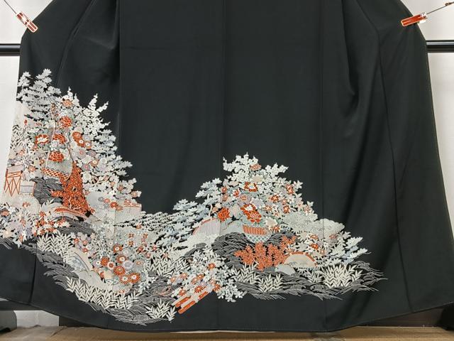 平和屋着物■豪華黒留袖 駒刺繍 花籠文 正絹 逸品 CABK9958xe